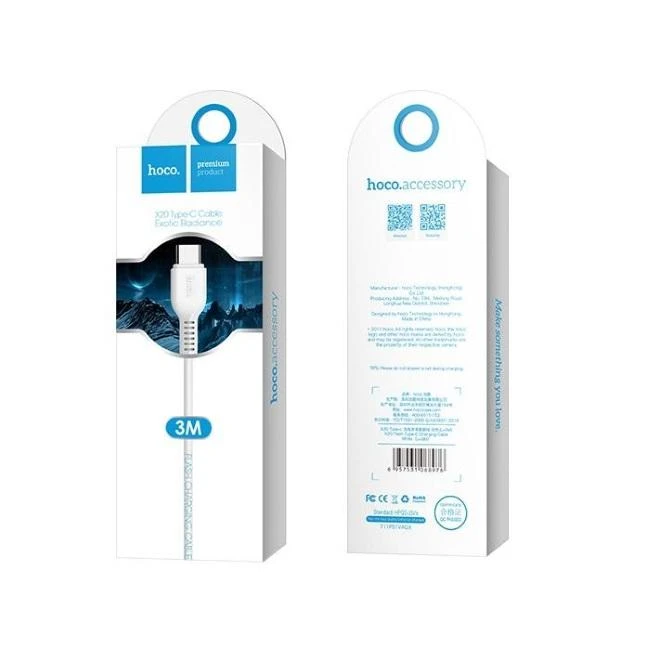USB A į USB C laidas Hoco 2,4A 3 m x 20 baltas