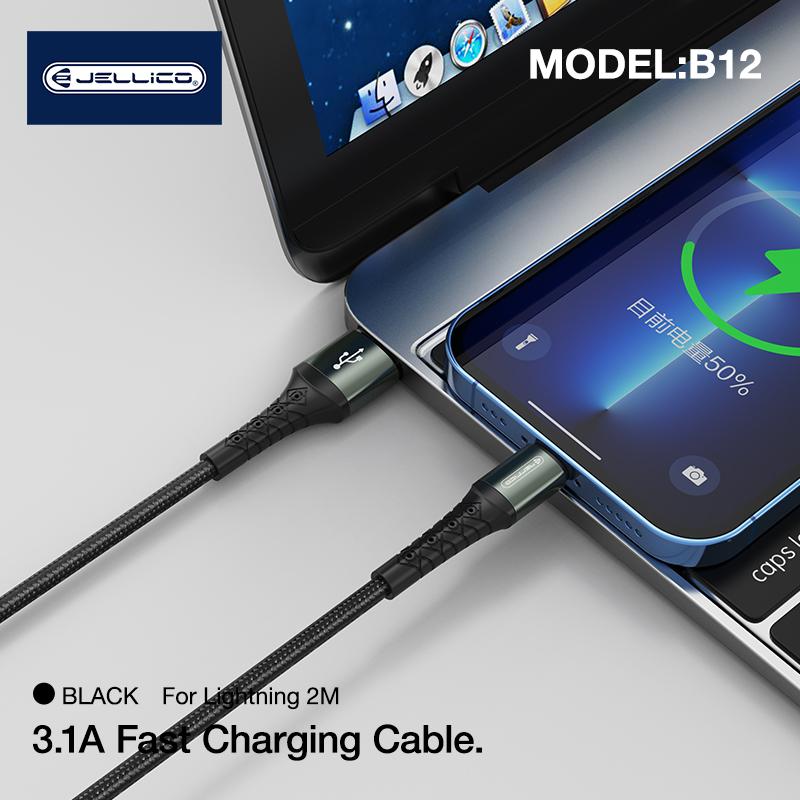 Įkroviklio laidas,Jellico B12 nailoninis pintas universalus mikro USB prie USB duomenų ir greitas 3.1A , 2 m juodas