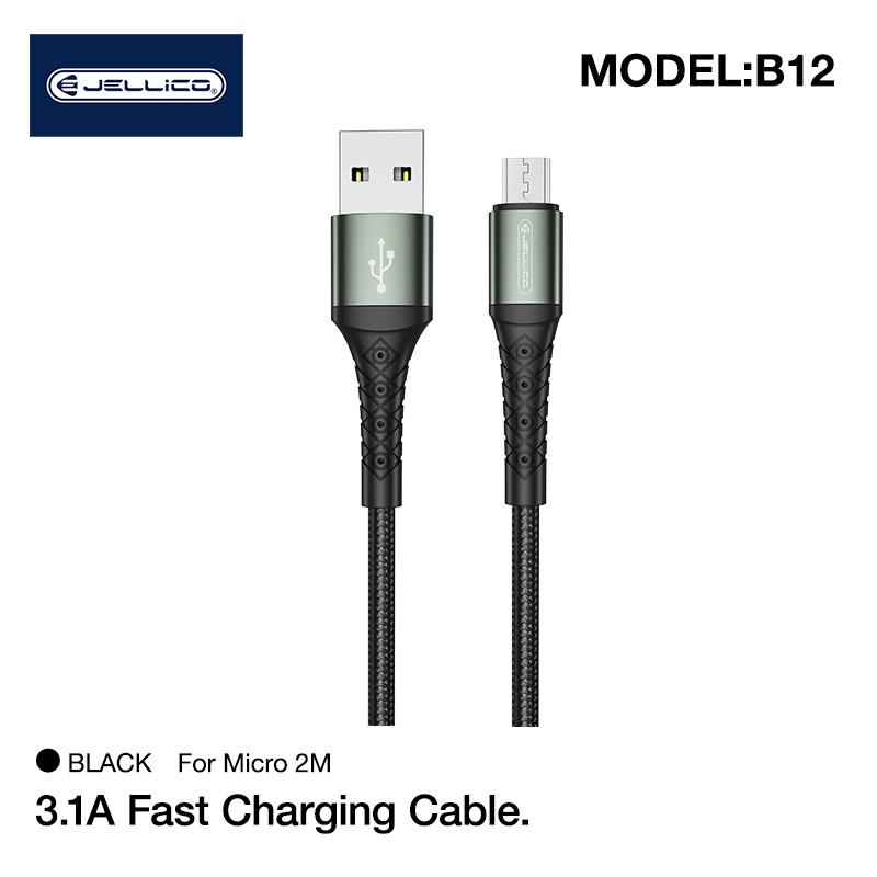 Įkroviklio laidas,Jellico B12 nailoninis pintas universalus mikro USB prie USB duomenų ir greitas 3.1A , 2 m juodas