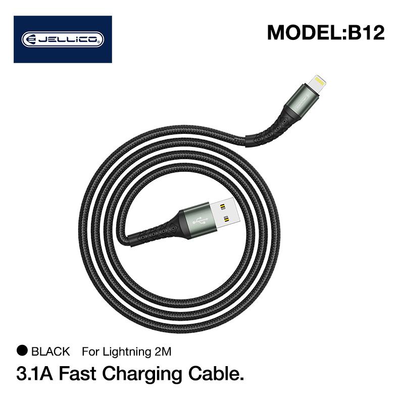 Įkroviklio laidas,Jellico B12 nailoninis pintas universalus mikro USB prie USB duomenų ir greitas 3.1A , 2 m juodas