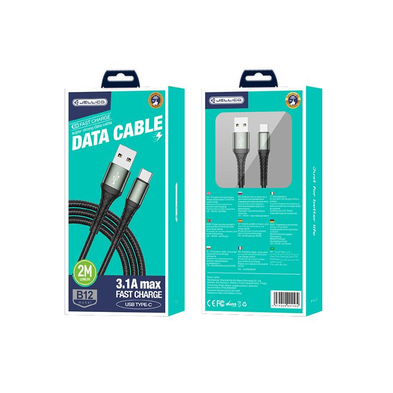 Įkroviklio laidas,Jellico B12 nailoninis pintas universalus mikro USB prie USB duomenų ir greitas 3.1A , 2 m juodas