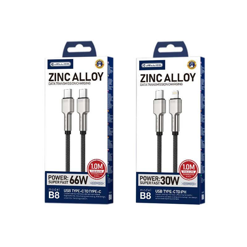 Jellico B8 Neilona Pīts cinkota konektora USB-C uz USB-C Datu & PD Ātrās 66W uzlādes kabelis 1m Melns