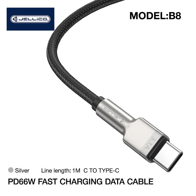 Jellico B8 Neilona Pīts cinkota konektora USB-C uz USB-C Datu & PD Ātrās 66W uzlādes kabelis 1m Melns