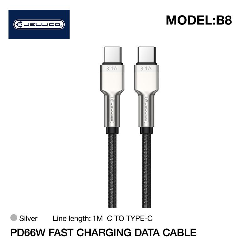 Jellico B8 Neilona Pīts cinkota konektora USB-C uz USB-C Datu & PD Ātrās 66W uzlādes kabelis 1m Melns