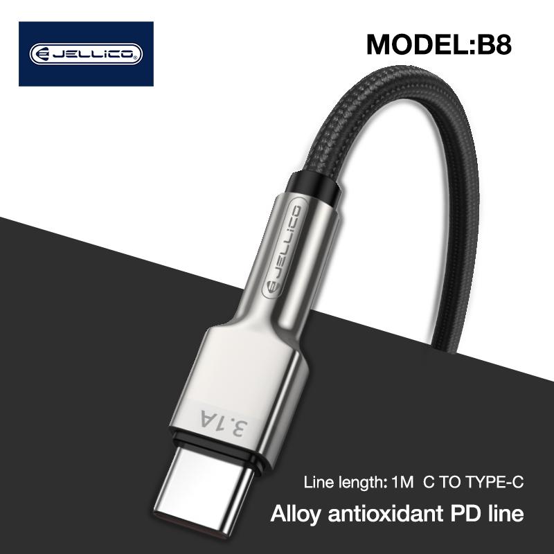 Jellico B8 Neilona Pīts cinkota konektora USB-C uz USB-C Datu & PD Ātrās 66W uzlādes kabelis 1m Melns