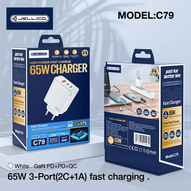JELLICO sieninis įkroviklis C79 GaN PD 65W 2xUSB-C + 1xUSB QC3.0 Baltas