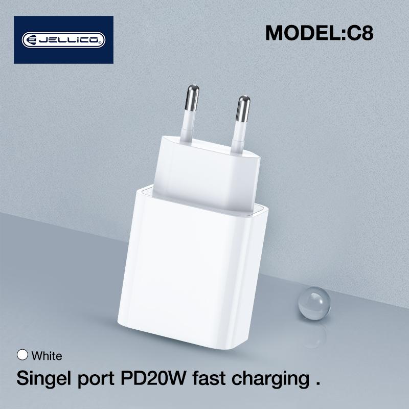 Jellico C8 PD 20W QC 3.0 Smart Adaptīvs ātrais lādētājs ar 1x USB-C (5-12V) ligzdu Balts