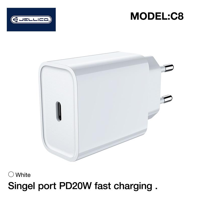 Jellico C8 PD 20W QC 3.0 Smart Adaptīvs ātrais lādētājs ar 1x USB-C (5-12V) ligzdu Balts