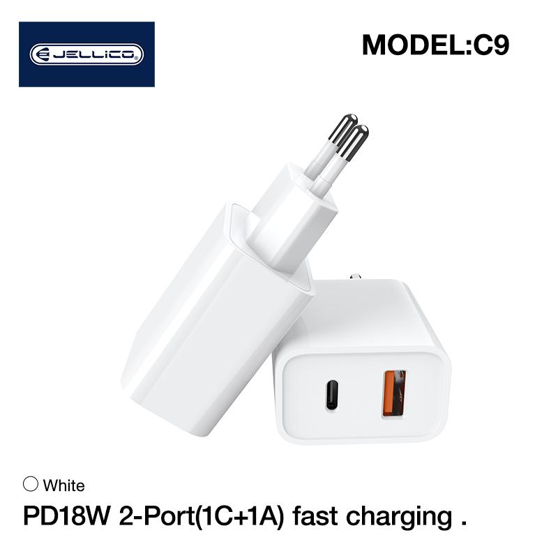 JELLICO sieninis įkroviklis C9 PD 20W 1xUSB-C + 1xUSB QC3.0 Baltas