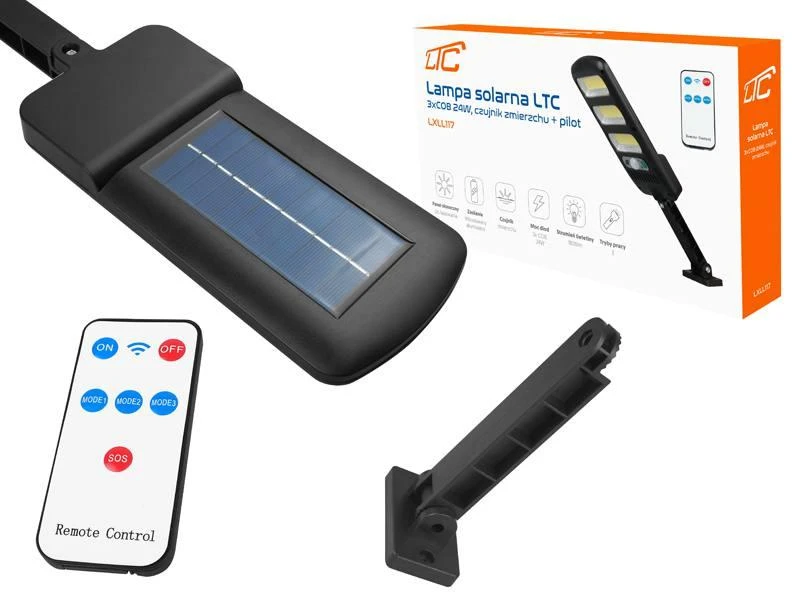 Sieninis šviestuvas LTC Saulės šviestuvas LTC 3 x LED COB 24 W, 1800 lm, judesio ir prieblandos jutiklis, 1800 mAh baterija, pultelis.