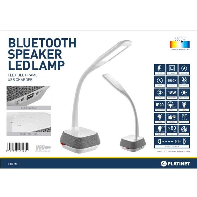 Platinet stalinė lempa su garsiakalbiu ir USB įkrovikliu PDLM6U 18W (44126)