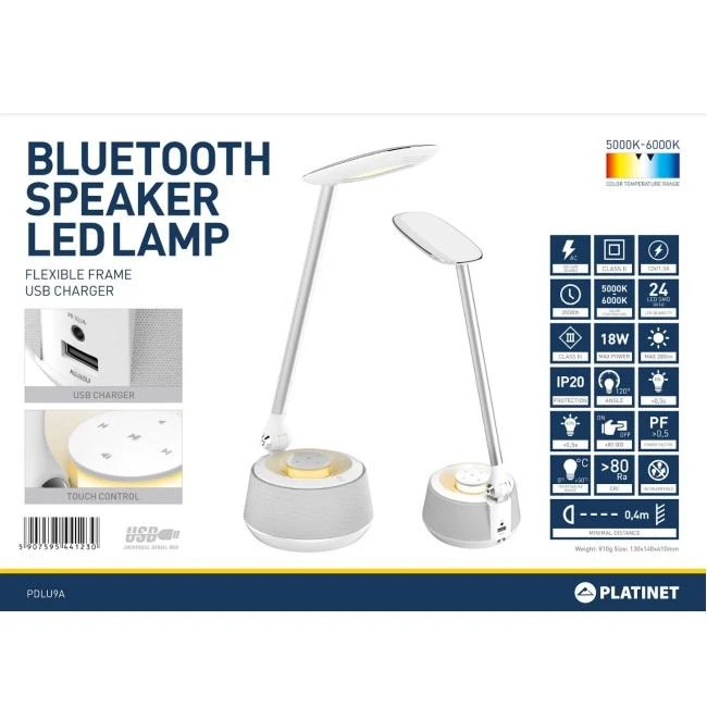 Platinet stalinė lempa su garsiakalbiu ir USB įkrovikliu PDLU9A 18W (44123)