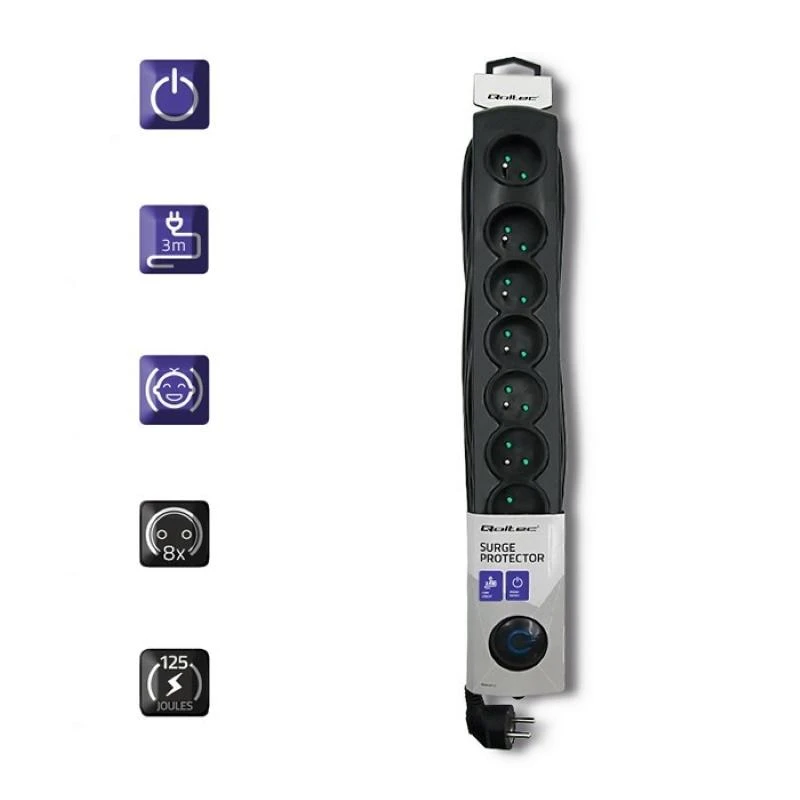 QOLTEC 50114 Viršįtampių apsauga 8 maitinimo lizdas 3,0m