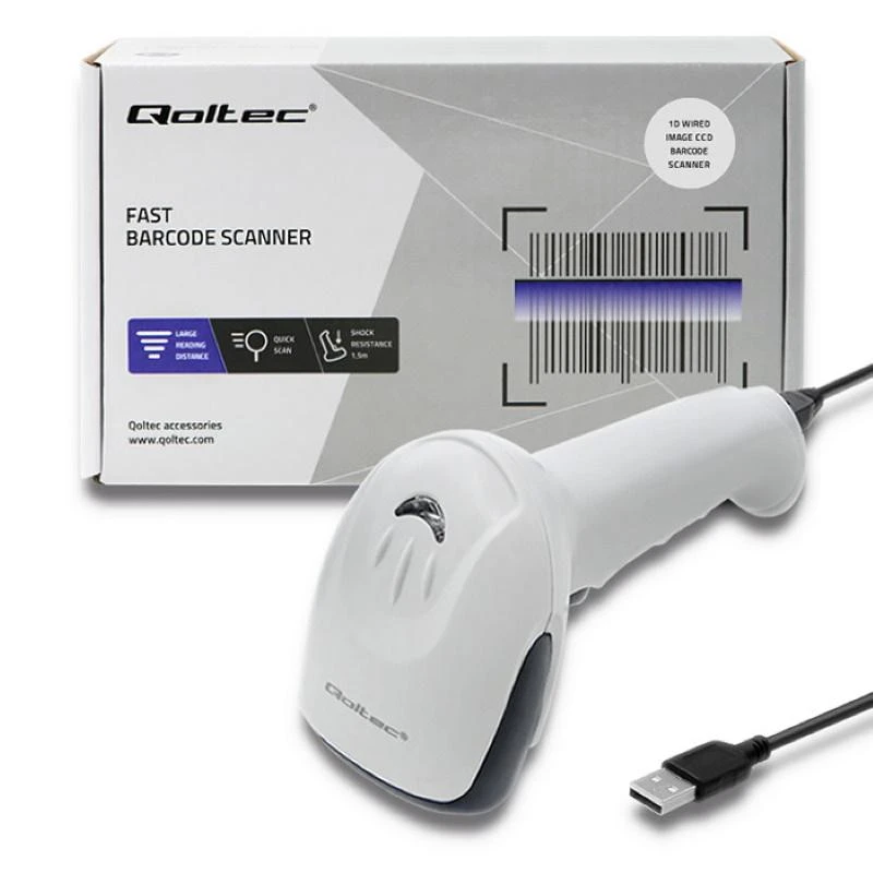 QOLTEC 50865 Brūkšninių kodų skaitytuvas 1D CCD USB Baltas