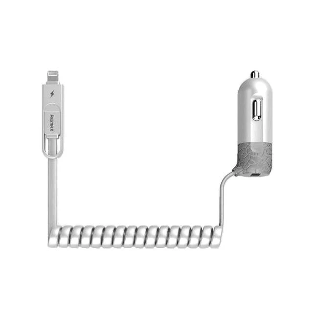 REMAX automobilinis įkroviklis RCC-103 Finchy – USB – 3,4A su „Lightning“ + „MicroUSB“ laidu, sidabrinis