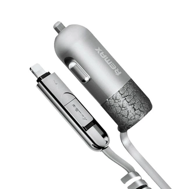 REMAX automobilinis įkroviklis RCC-103 Finchy – USB – 3,4A su „Lightning“ + „MicroUSB“ laidu, sidabrinis