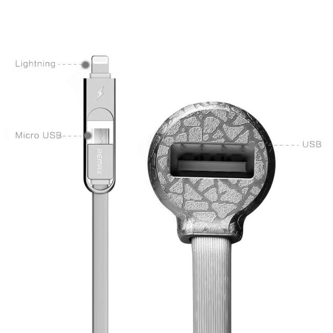 REMAX automobilinis įkroviklis RCC-103 Finchy – USB – 3,4A su „Lightning“ + „MicroUSB“ laidu, sidabrinis