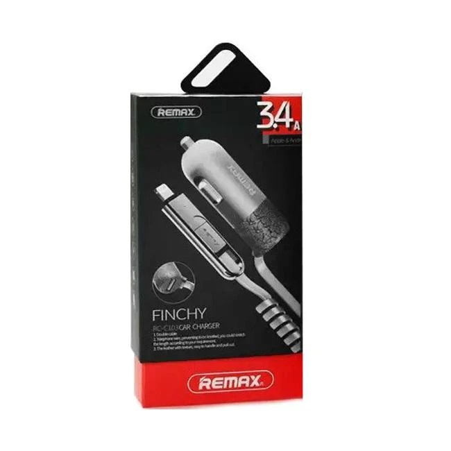 REMAX automobilinis įkroviklis RCC-103 Finchy – USB – 3,4A su „Lightning“ + „MicroUSB“ laidu, sidabrinis