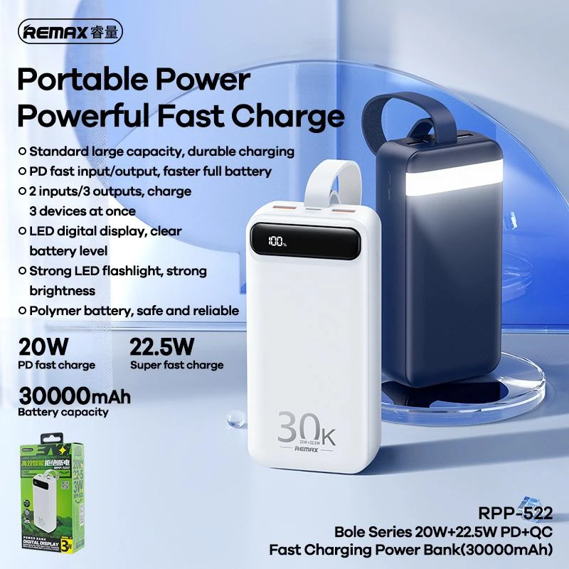 Powerbank 22,5W 30000mAh PD + QC Remax Bole Series mėlynos spalvos