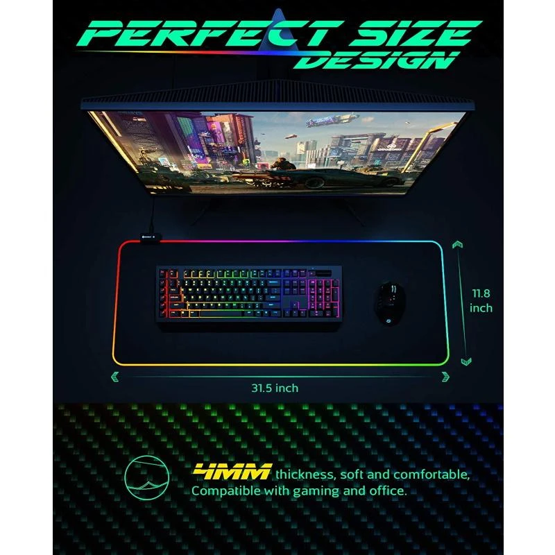 Riff RGB-01 guminis audinys žaidimų pelės kilimėlis su USB RGB spalvotu LED rėmeliu (80x30cm) juodas