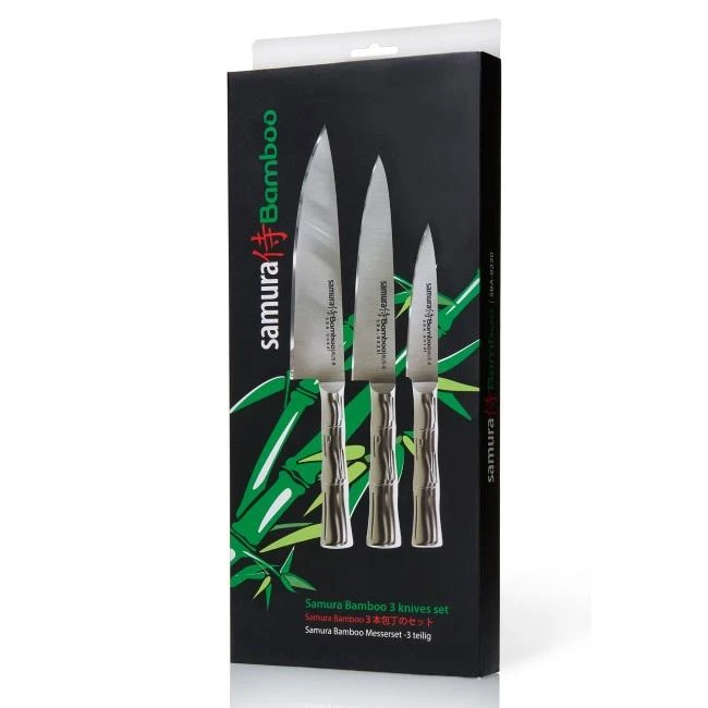 Samura BAMBOO Сhef's Essential peilių rinkinys iš 3 vnt.: Pjovimo peilis / Naudingas peilis / Šefas iš AUS 8 Japoniško plieno 59 HRC