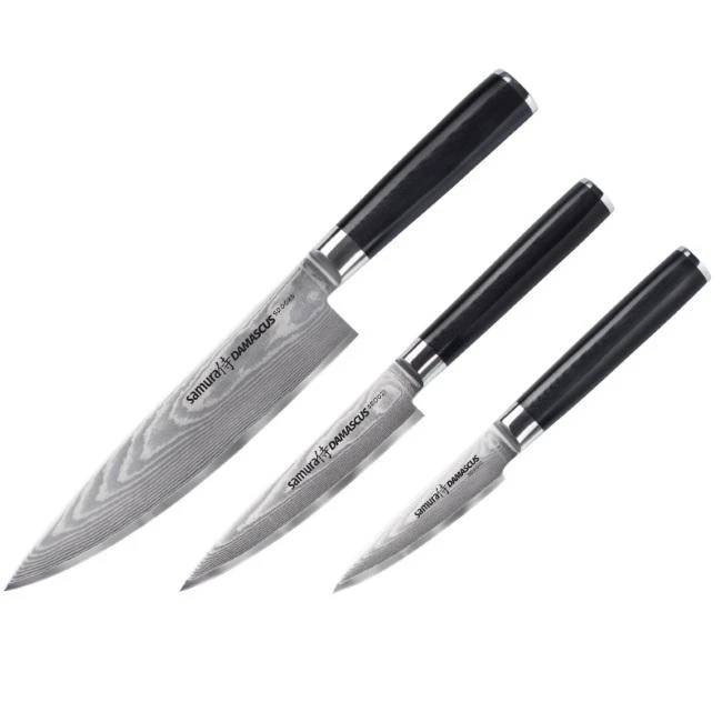 Samura DAMASCUS Rinkinys 3vnt. peiliai Pjaustymas / Naudingumas / Šefai iš AUS 10 Damasko plieno 61 HRC (67 sluoksniai)
