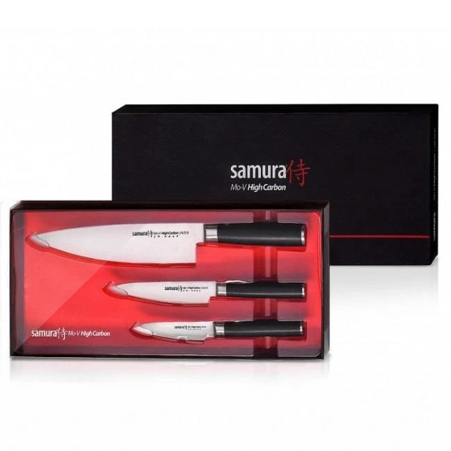 Samura MO-V rinkinys 3vnt. peiliai Pjovimas 90mm / Naudingumas 125mm / Virėjos 200mm iš AUS 8 Japoniškas plienas 59 HRC