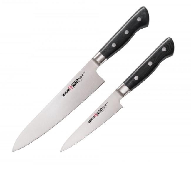 Samura PRO-S 2 peilių rinkinys: Europos virėjo peilis 200 mm / Naudingas peilis 115 mm iš AUS 8 japoniško plieno 58 HRC