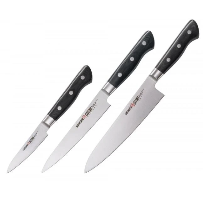 Samura PRO-S 3 peilių rinkinys: Paring peilis 88mm / Utility peilis 145mm / European Chef's peilis 200mm iš AUS 8 Japoniškas plienas 58 HRC DOVANŲ DĖŽELĖJE
