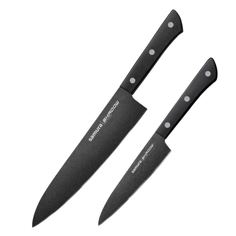 Samura Shadow rinkinys iš 2 virtuvinių peilių 208mm ir 120mm AUS-8 neprilimpančia tamsia danga 58 HRC