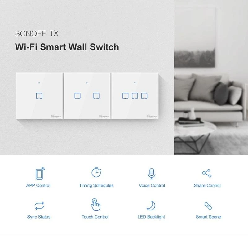 Išmanusis jungiklis WiFi + RF 433 Sonoff T2 EU TX - 1 kanalas