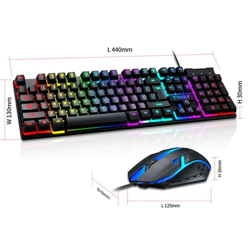 Klaviatūra T-Wolf TF200 PC žaidimų klaviatūros (EN) mechaniniai mygtukai + žaidimų pelės rinkinys su LED juodu