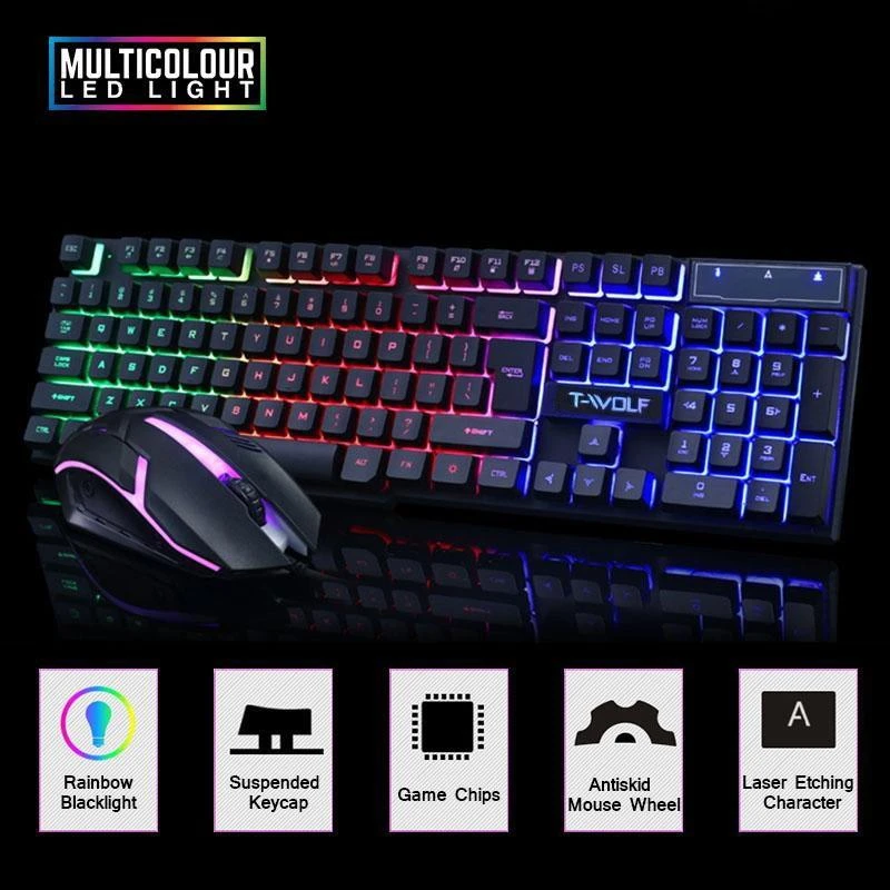 Klaviatūra T-Wolf TF200 PC žaidimų klaviatūros (EN) mechaniniai mygtukai + žaidimų pelės rinkinys su LED juodu