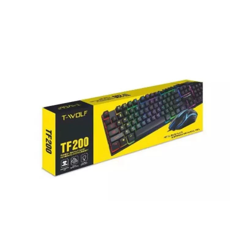 Klaviatūra T-Wolf TF200 PC žaidimų klaviatūros (EN) mechaniniai mygtukai + žaidimų pelės rinkinys su LED juodu