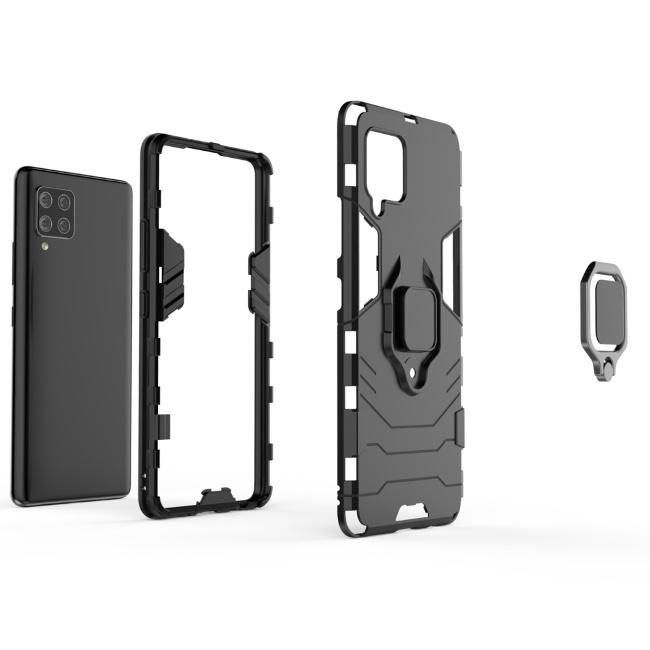 TakeMe Armor galinio dangtelio dėklas su stovu / piršto žiedu / magneto elementu automobiliniam laikikliui Samsung Galaxy A42 (A426B) 5G Juodas