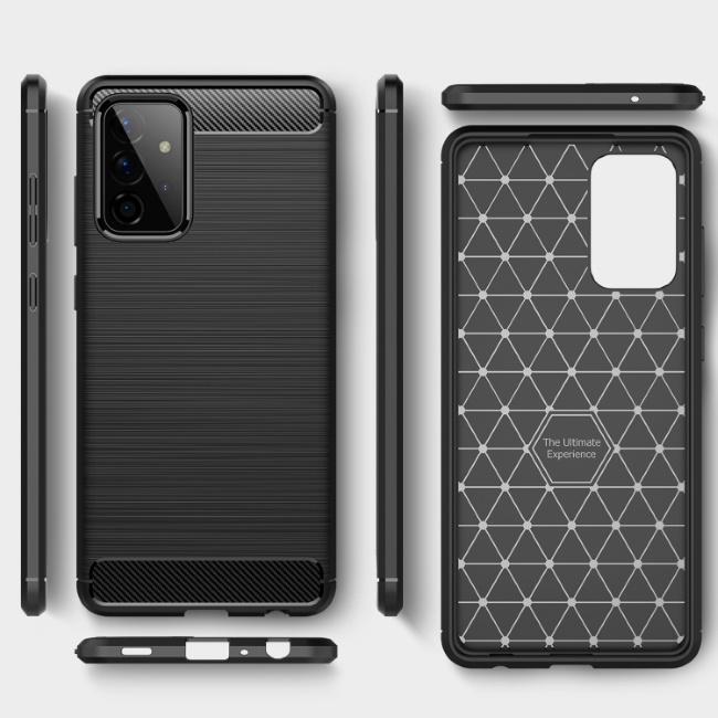 TakeMe CARBON efekto TPU itin plonas galinio dangtelio dėklas, skirtas Samsung Galaxy A72 (A726) 5G Juodas