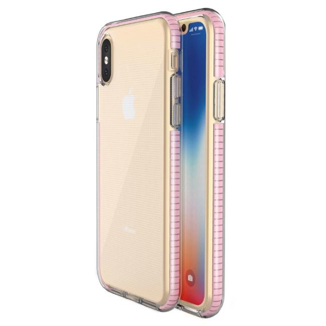 TakeMe skaidrus TPU dėklas su spalvotu rėmeliu skirtas Apple iPhone X / Xs, šviesiai rožinis