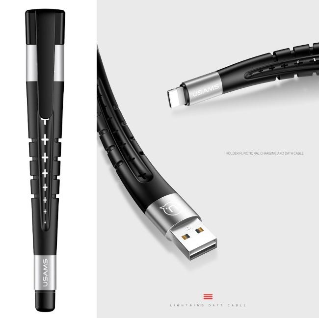 Usams SJ198 3in1 transformatorius USB į Lightning 12 cm laidas + rašiklis + lankstus stovas juodas – sidabrinis