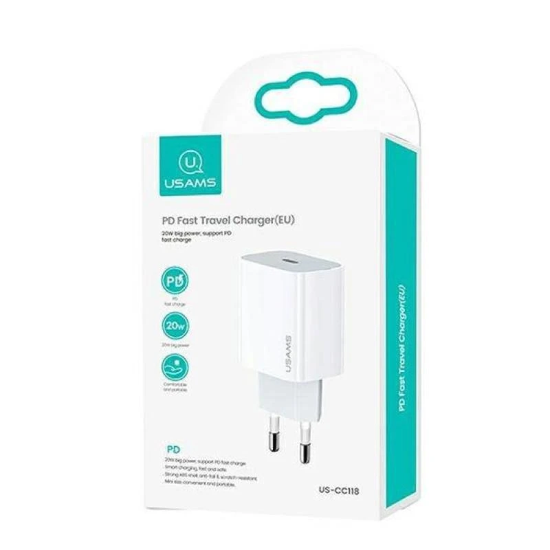 USAMS kelioninis įkroviklis 20W USB-C PD, Baltas