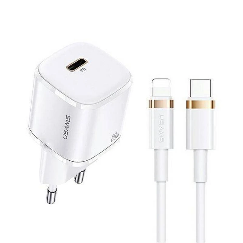 USAMS Laidinis įkroviklis 1xUSB-C T36 mini 20W + USB-C to Lightning cable baltos spalvos PD3.0 Fast Charging XFKXLOG