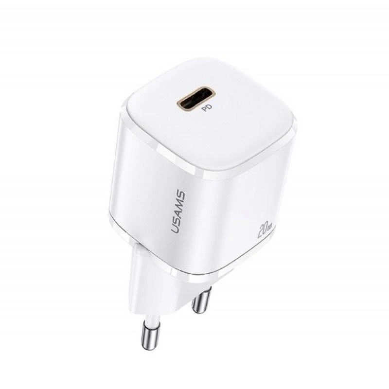 USAMS Laidinis įkroviklis 1xUSB-C T36 mini 20W + USB-C to Lightning cable baltos spalvos PD3.0 Fast Charging XFKXLOG