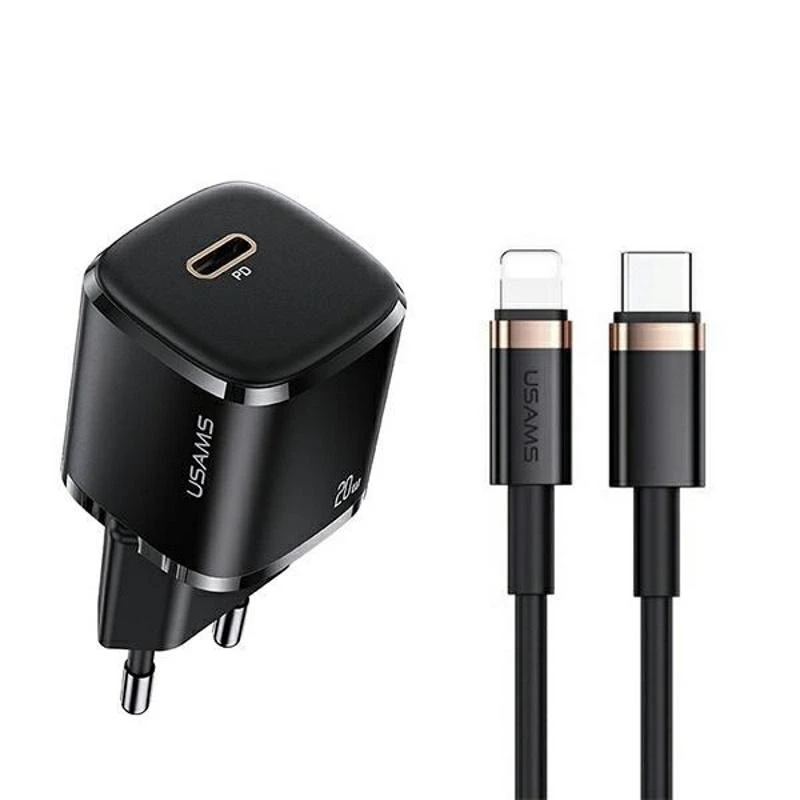 USAMS Laidinis įkroviklis 1xUSB-C T36 mini 20W + USB-C to Lightning cable juodos spalvos PD3.0 Fast Charging XFKXLO