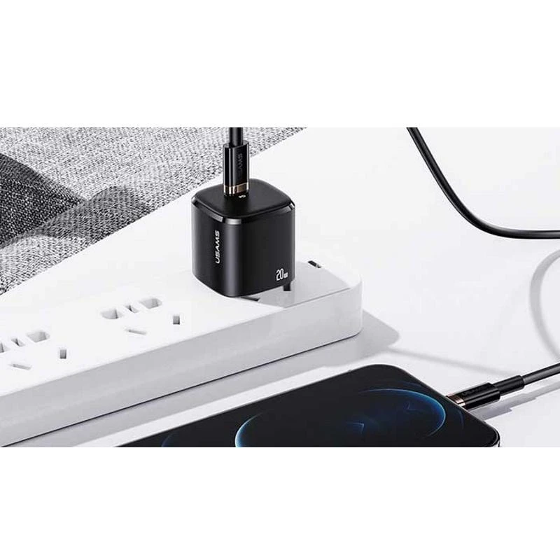 USAMS Laidinis įkroviklis 1xUSB-C T36 mini 20W + USB-C to Lightning cable juodos spalvos PD3.0 Fast Charging XFKXLO