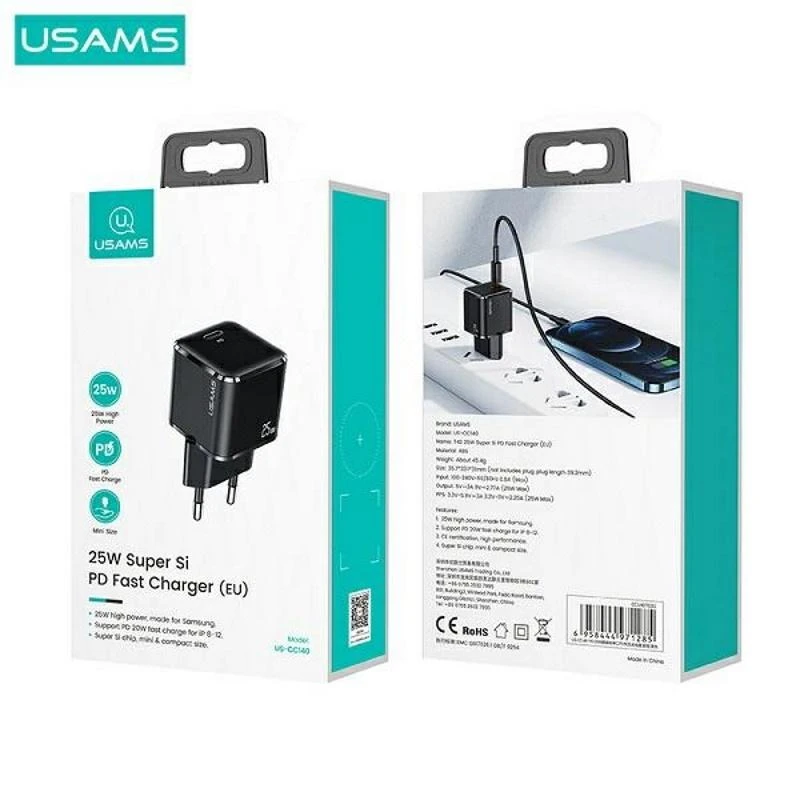 USAMS Laidinis įkroviklis 1xUSB-C T42 mini 25W (only head) Super SI 5V-3A PD3.0 Fast Charging juodos spalvos CC1