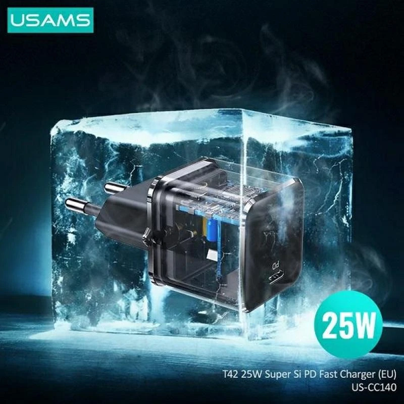 USAMS Laidinis įkroviklis 1xUSB-C T42 mini 25W (only head) Super SI 5V-3A PD3.0 Fast Charging juodos spalvos CC1