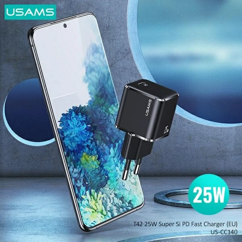 USAMS Laidinis įkroviklis 1xUSB-C T42 mini 25W (only head) Super SI 5V-3A PD3.0 Fast Charging juodos spalvos CC1