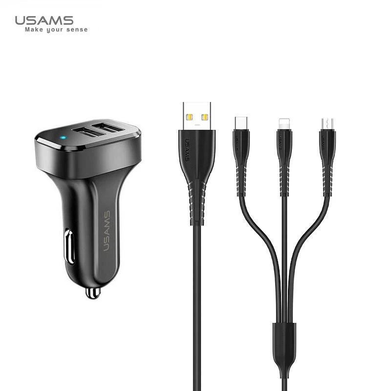 Automobilinis įkroviklis (2xUSB) su Type-C, Lightning, Micro USB laidu, USAMS, 2.1A, juodas