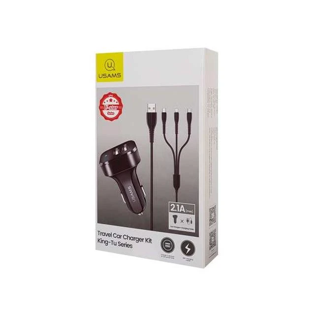 Automobilinis įkroviklis (2xUSB) su Type-C, Lightning, Micro USB laidu, USAMS, 2.1A, juodas