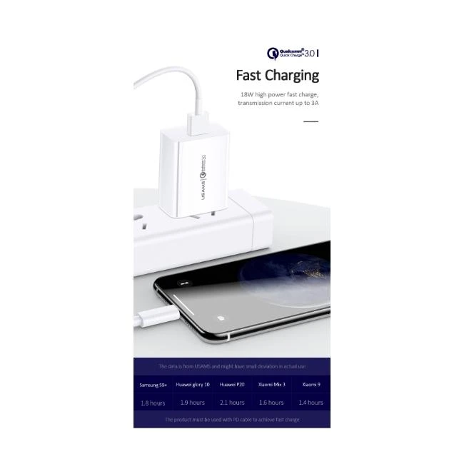 USAMS laidinis įkroviklis 1xUSB T22 18W 3A QC3.0 (tik galvutė) greitas įkrovimas baltos spalvos CC83TC01 (US-CC083)