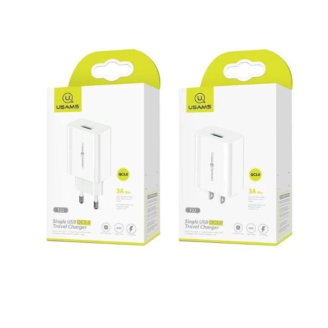 USAMS laidinis įkroviklis 1xUSB T22 18W 3A QC3.0 (tik galvutė) greitas įkrovimas baltos spalvos CC83TC01 (US-CC083)